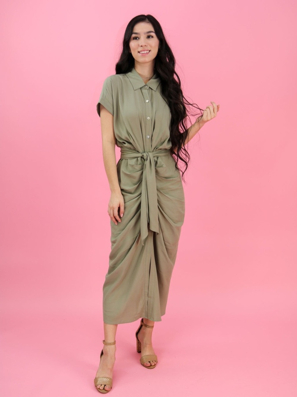 Sage Green Button-Front Tie-Waist Maxi Dress